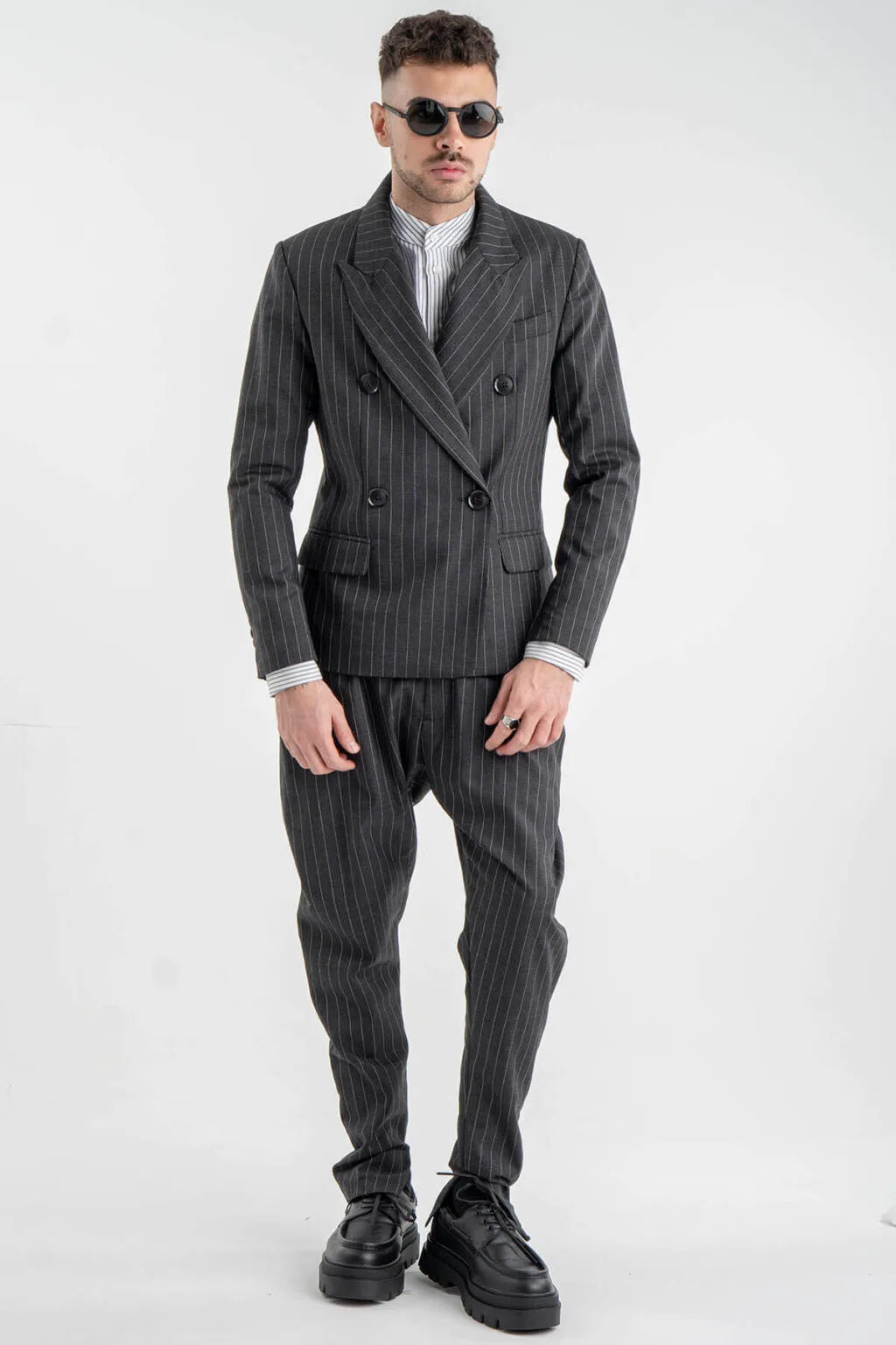 Striped Gray Wool-Blend Double Blazer