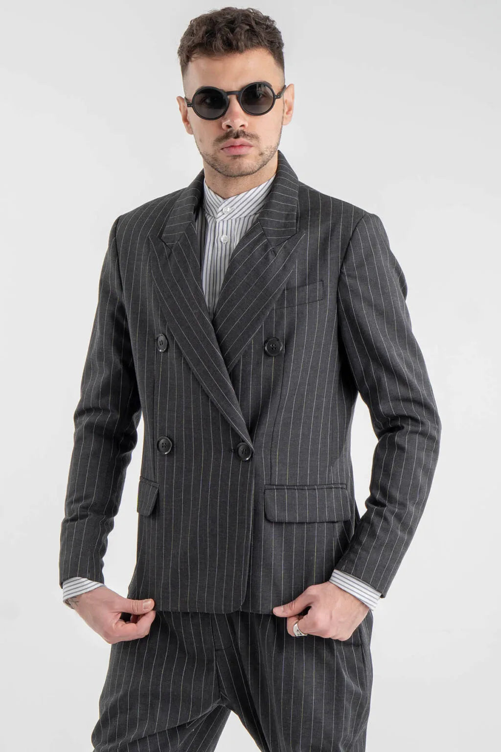Striped Gray Wool-Blend Double Blazer