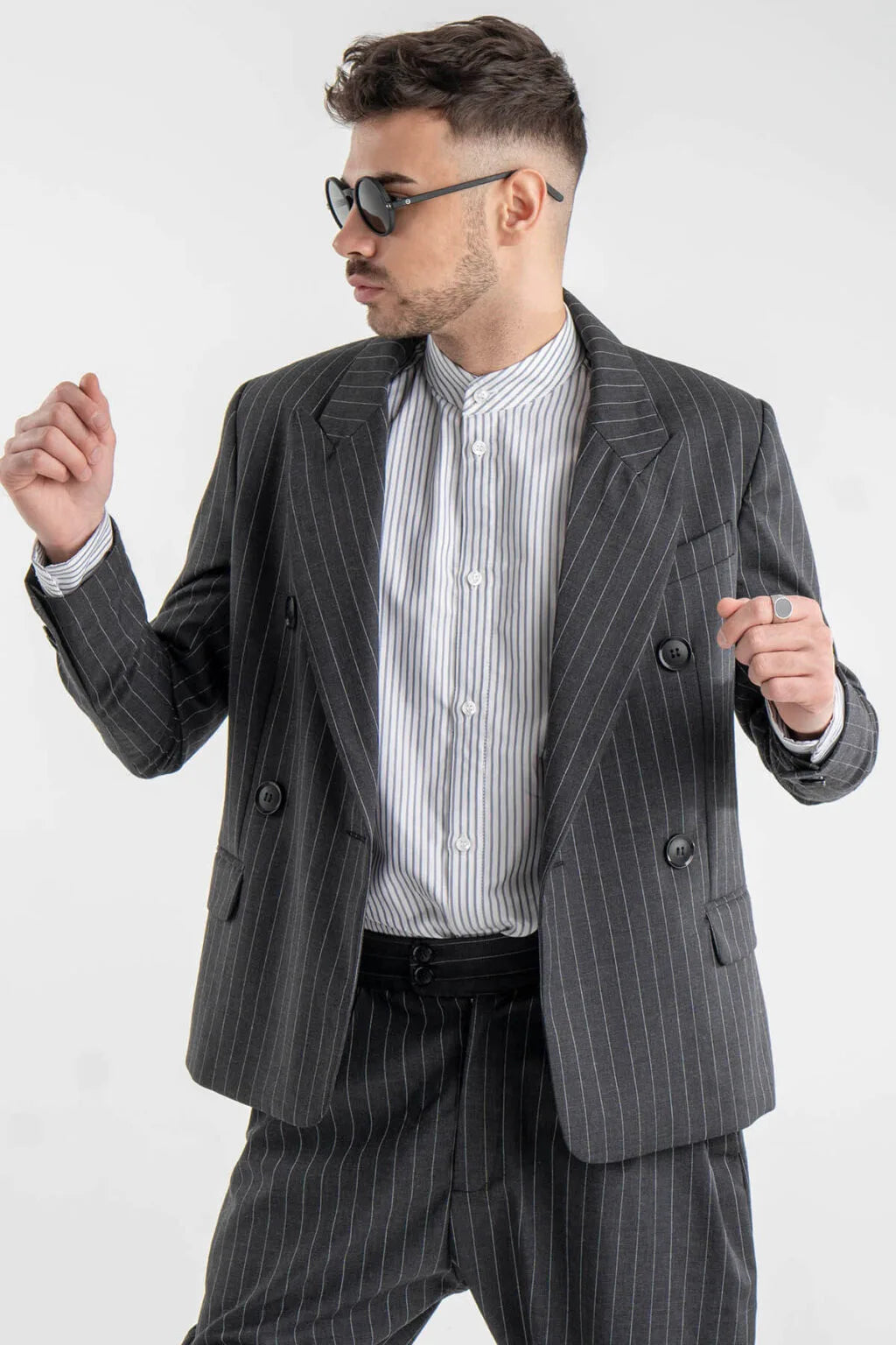 Striped Gray Wool-Blend Double Blazer