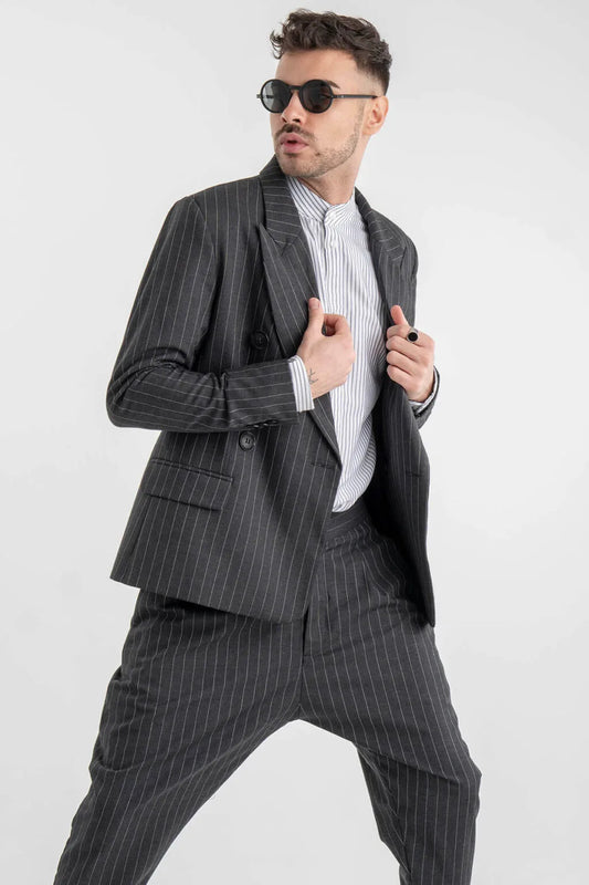Striped Gray Wool-Blend Double Blazer
