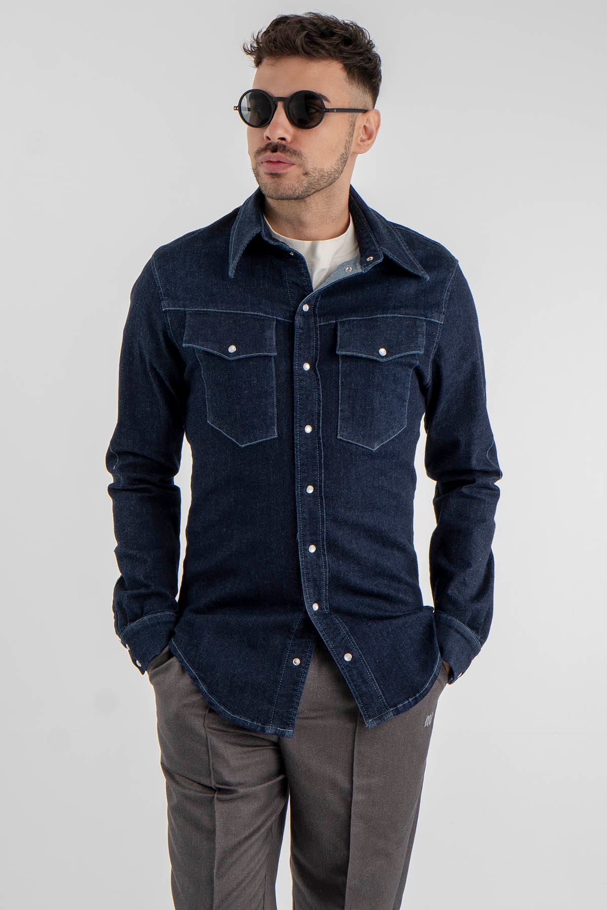 Regular Fit Denim Shirt with Pearl Details