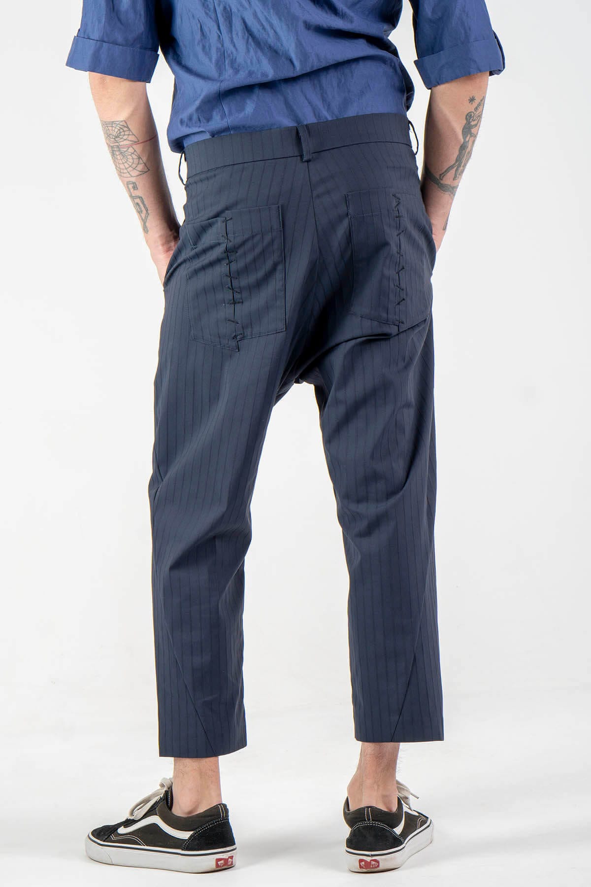 Striped 7/8 Length Trousers With Stiches in Dark Blue