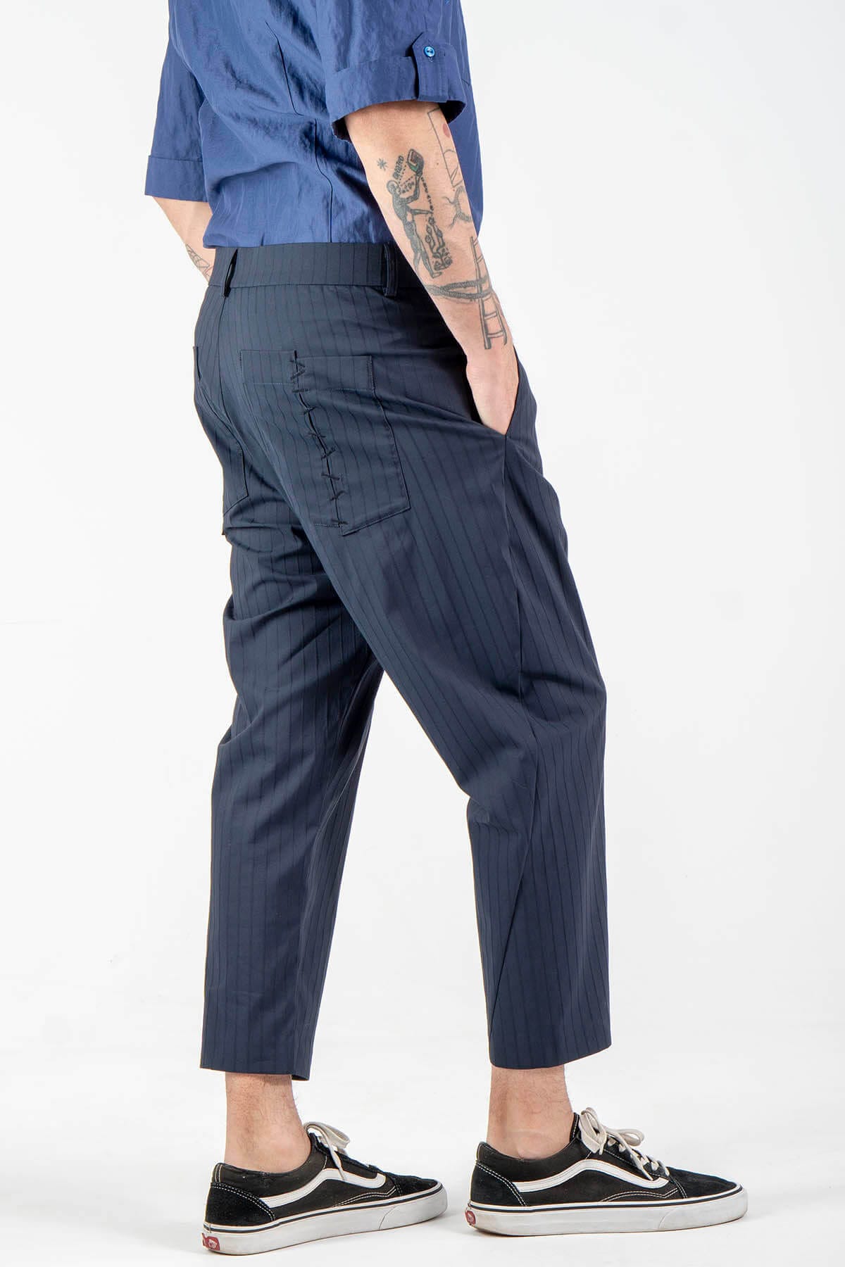 Striped 7/8 Length Trousers With Stiches in Dark Blue