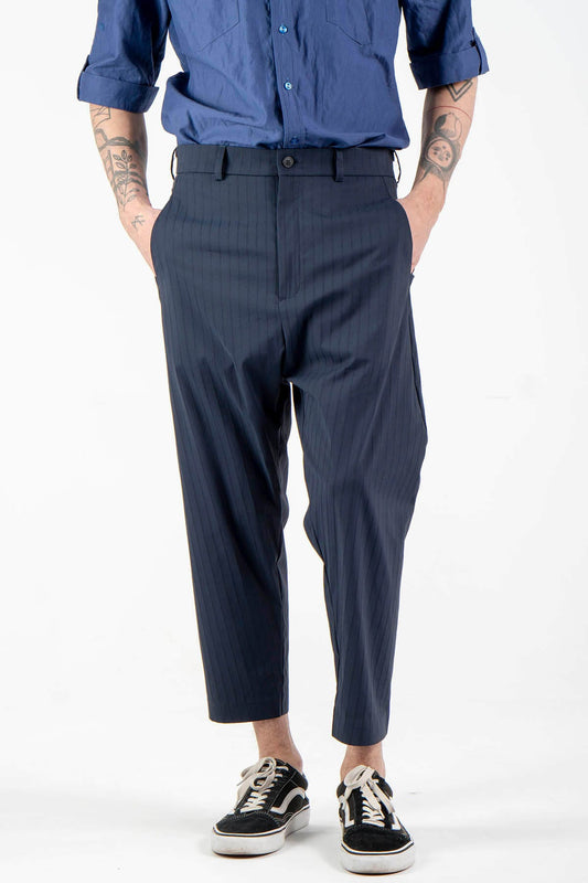 Striped 7/8 Length Trousers With Stiches in Dark Blue