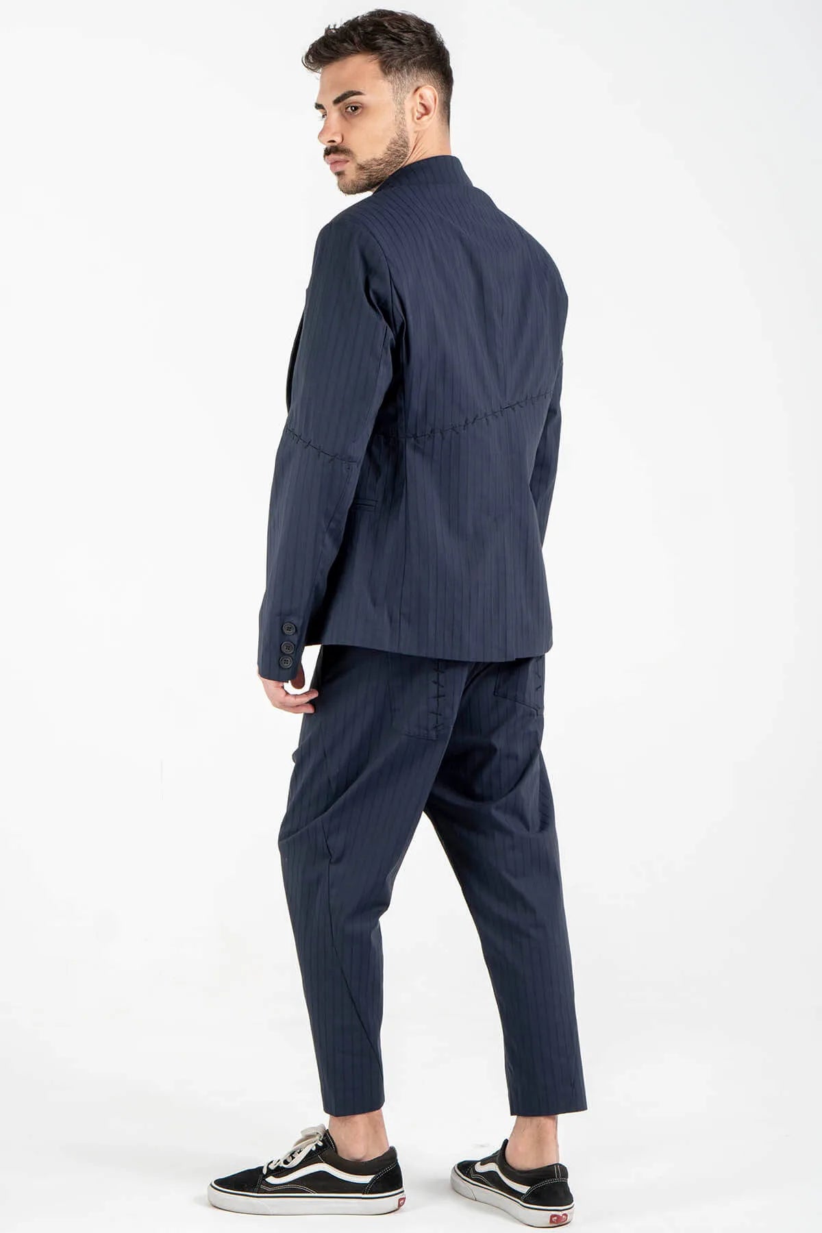 Striped Blazer with Hand Stitches in Dark Blue