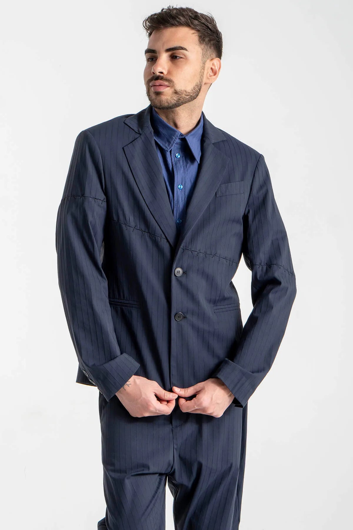 Striped Blazer with Hand Stitches in Dark Blue