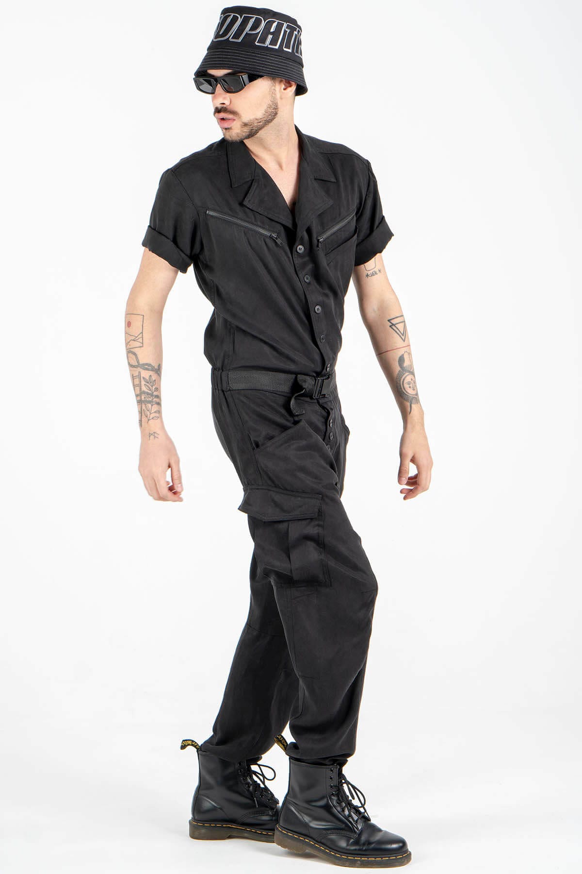 Utility Jumpsuit with Spread Collar and Adjustable Belt
