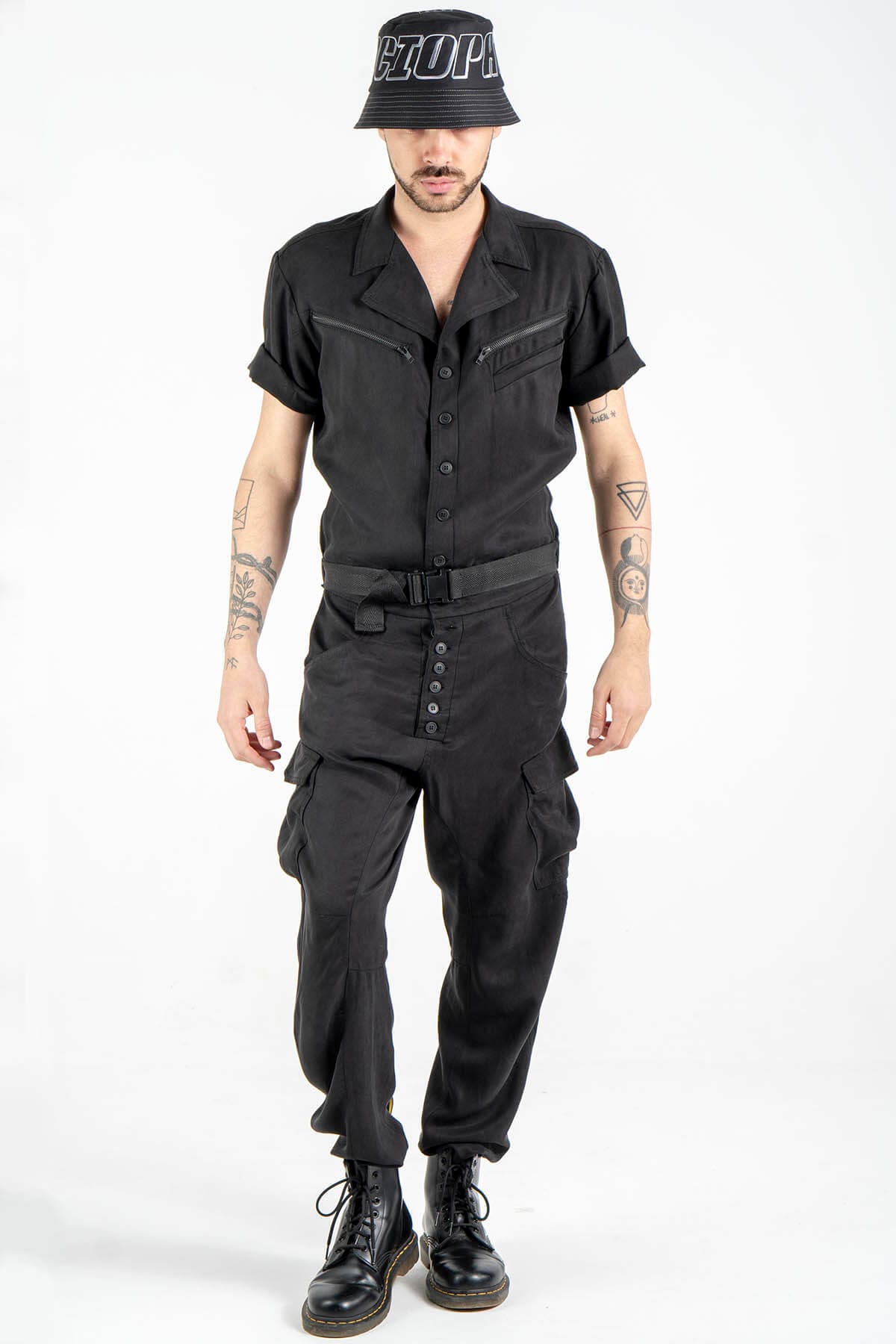 Utility Jumpsuit with Spread Collar and Adjustable Belt