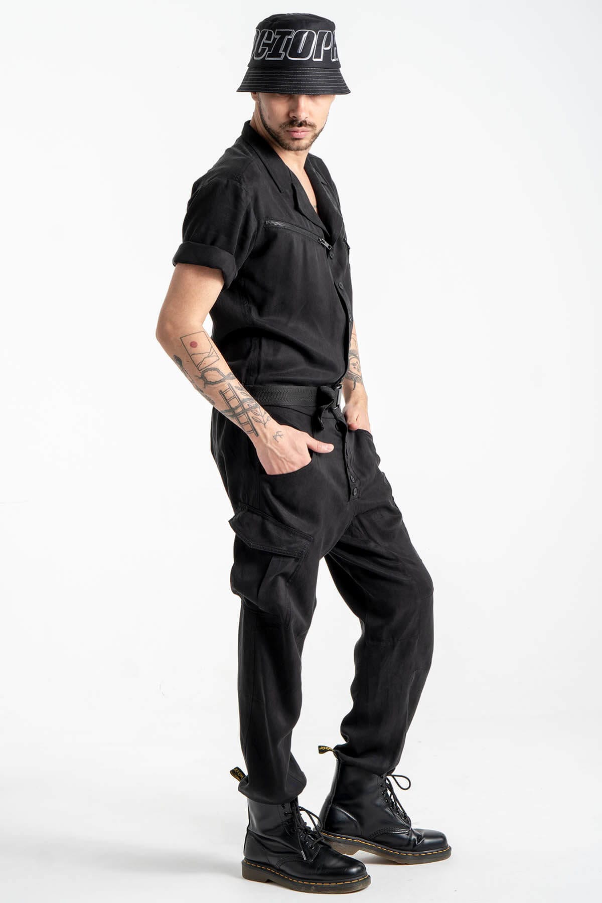 Utility Jumpsuit with Spread Collar and Adjustable Belt