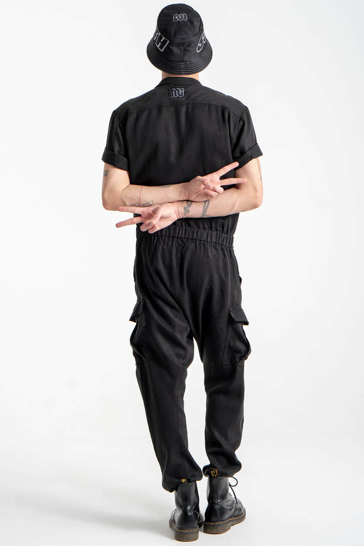 Utility Jumpsuit with Spread Collar and Adjustable Belt
