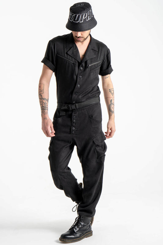 Utility Jumpsuit with Spread Collar and Adjustable Belt