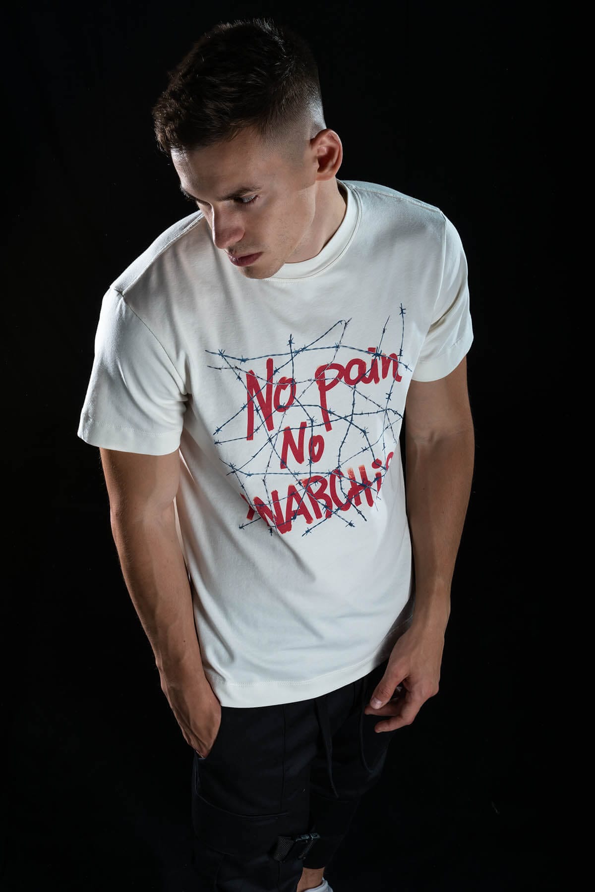 Hand painted T-shirt “No Pain No Anarchism” White
