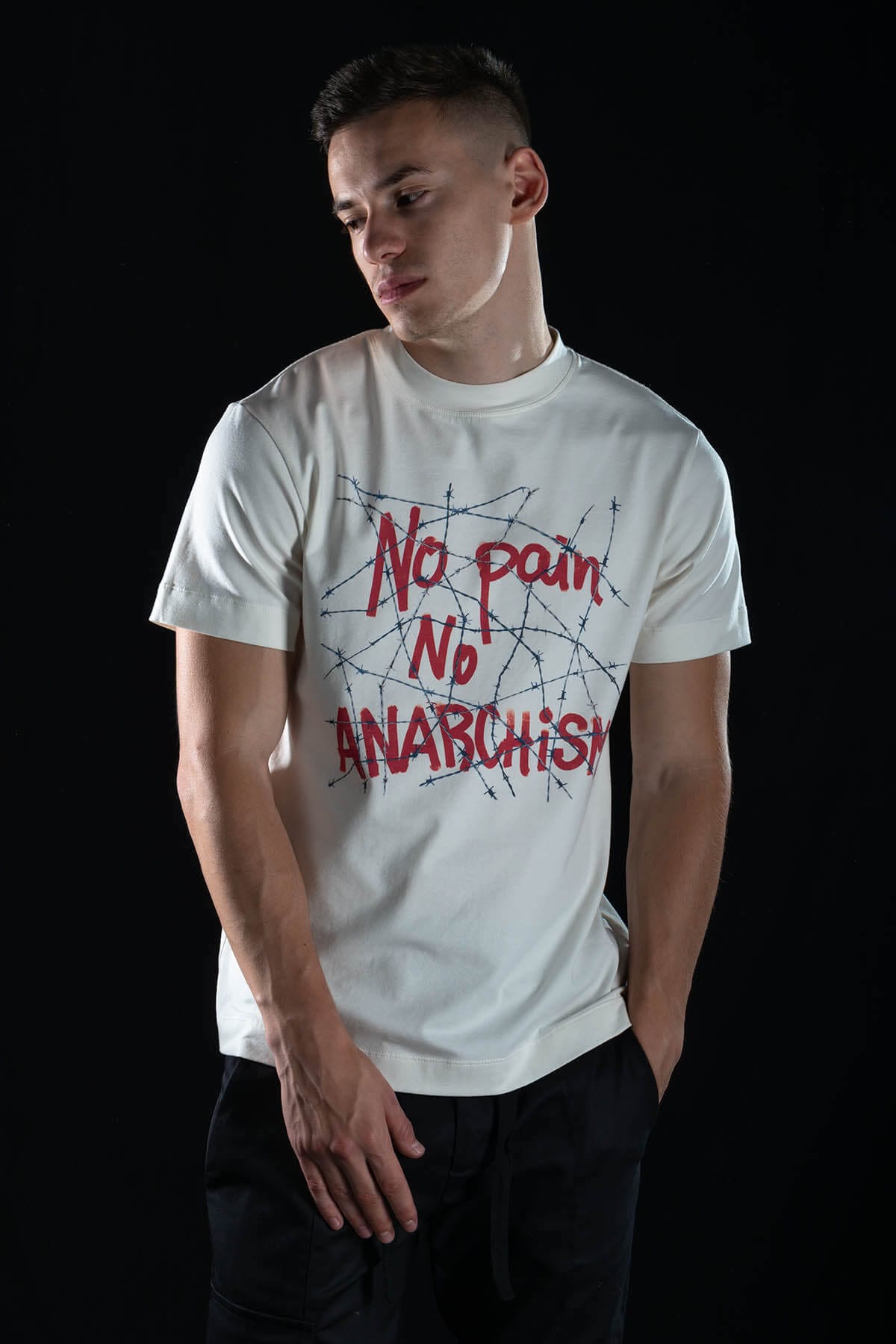 Hand painted T-shirt “No Pain No Anarchism” White