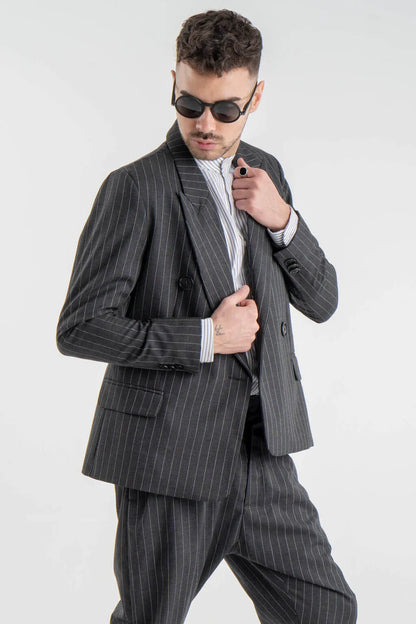 Striped Gray Wool-Blend Double Blazer