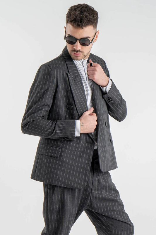 Striped Gray Wool-Blend Double Blazer