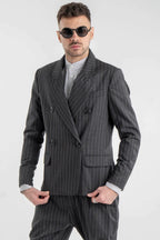 Striped Gray Wool-Blend Double Blazer