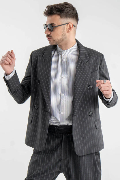 Striped Gray Wool-Blend Double Blazer