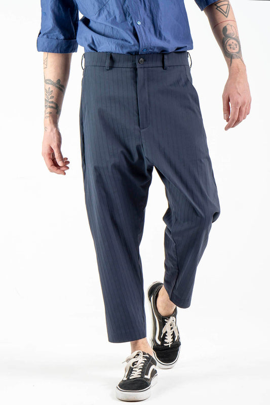 Striped 7/8 Length Trousers With Stiches in Dark Blue