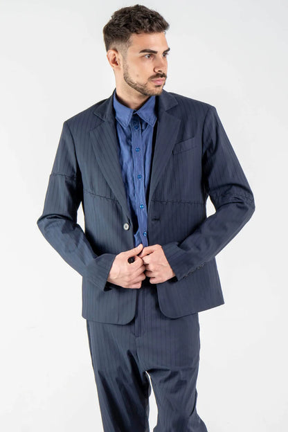 Striped Blazer with Hand Stitches in Dark Blue