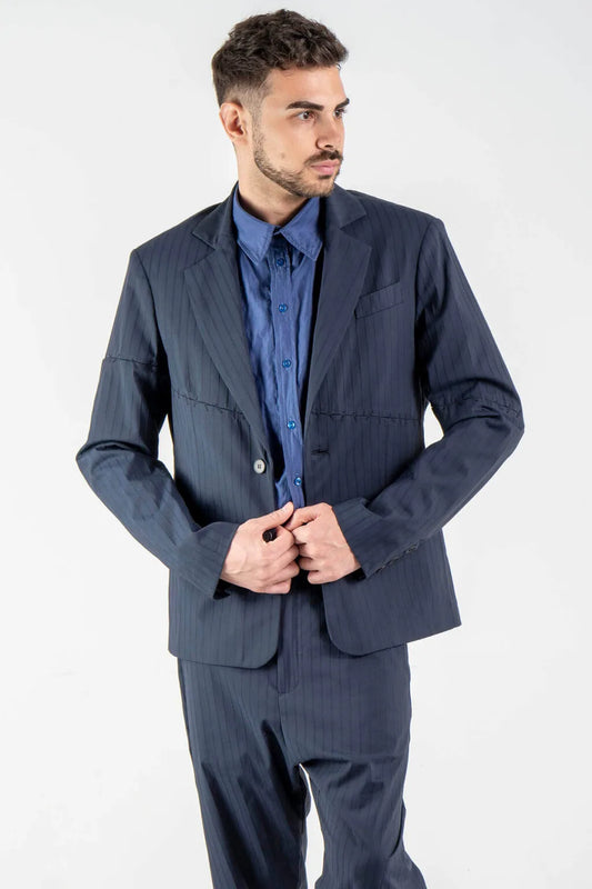 Striped Blazer with Hand Stitches in Dark Blue