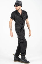 Utility Jumpsuit with Spread Collar and Adjustable Belt