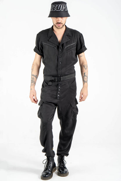 Utility Jumpsuit with Spread Collar and Adjustable Belt