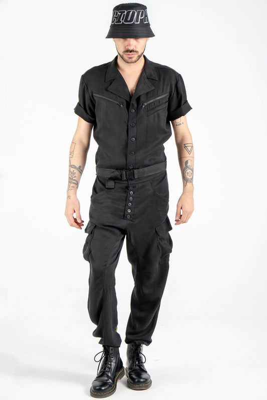 Utility Jumpsuit with Spread Collar and Adjustable Belt
