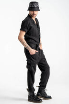 Utility Jumpsuit with Spread Collar and Adjustable Belt