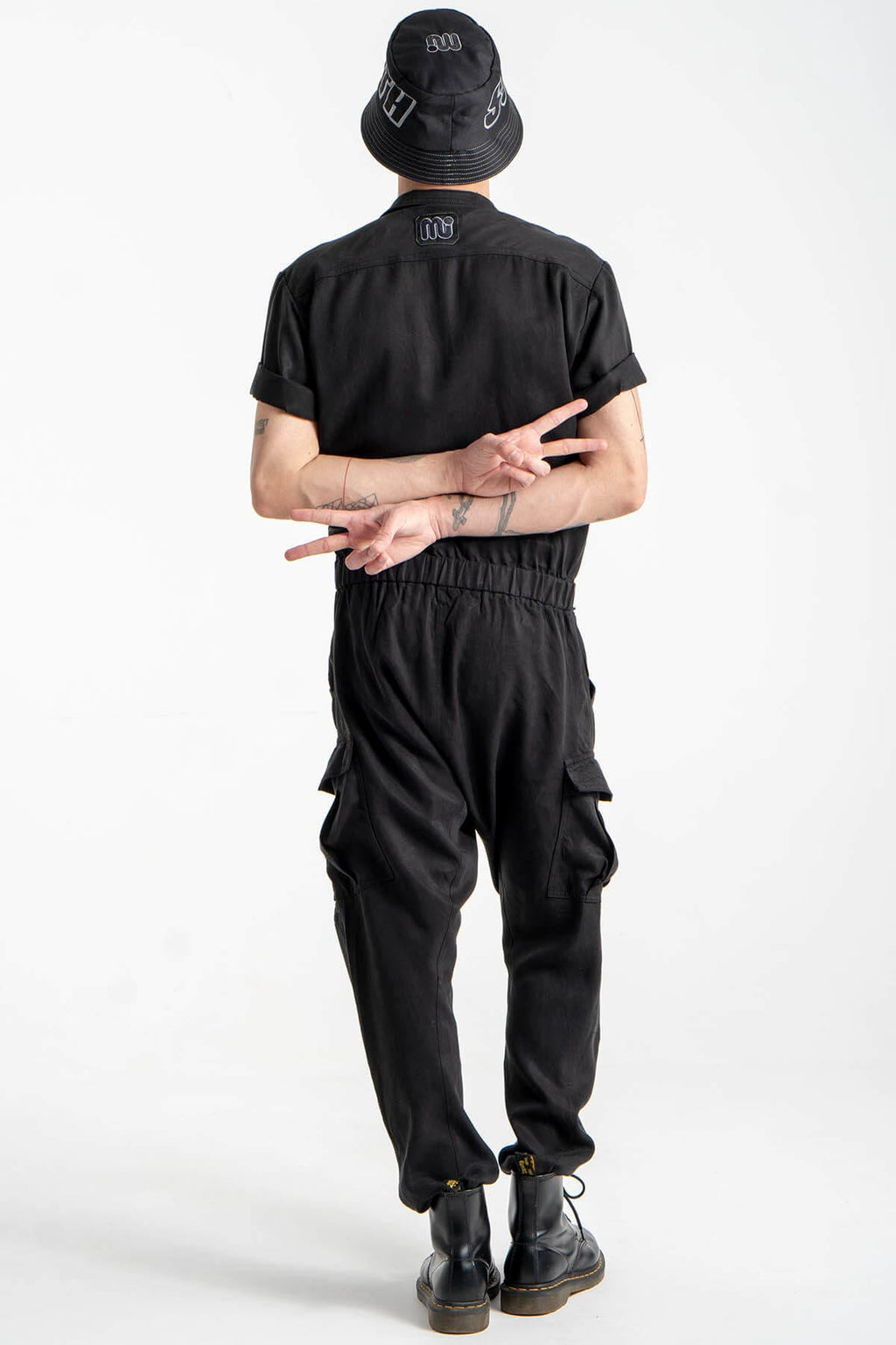 Utility Jumpsuit with Spread Collar and Adjustable Belt