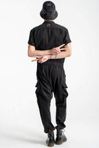 Utility Jumpsuit with Spread Collar and Adjustable Belt