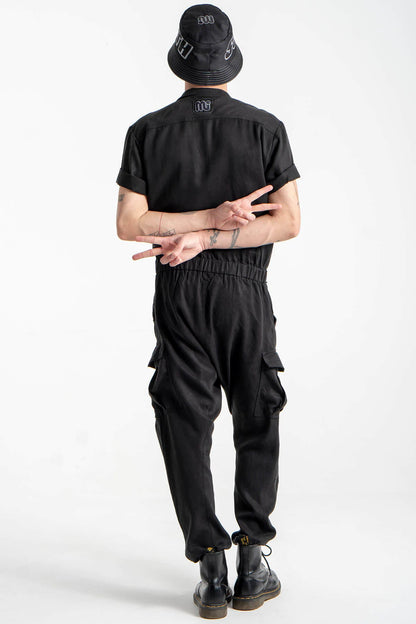 Utility Jumpsuit with Spread Collar and Adjustable Belt